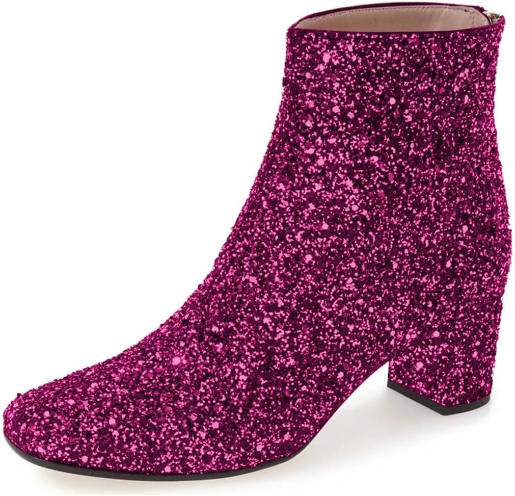 XYD Women Glitter Low Block Heel Ankle Boots Round Toe Festival Party Booties Shoes with Zip
