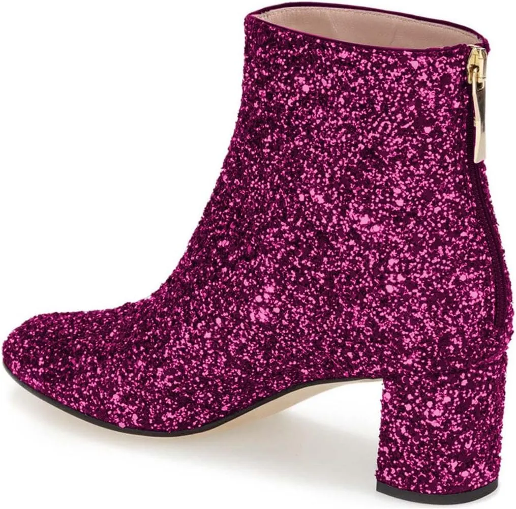 XYD Women Glitter Low Block Heel Ankle Boots Round Toe Festival Party Booties Shoes with Zip