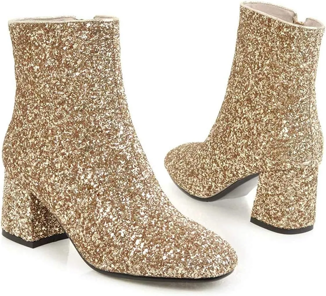 XYD Women Glitter Low Block Heel Ankle Boots Round Toe Festival Party Booties Shoes with Zip