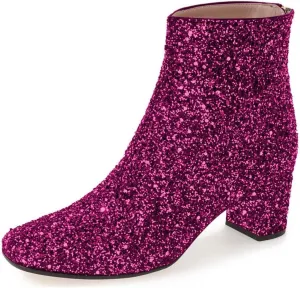 XYD Women Glitter Low Block Heel Ankle Boots Round Toe Festival Party Booties Shoes with Zip