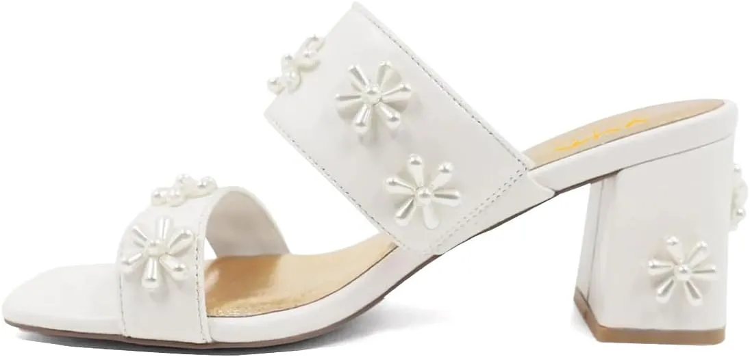 XYD Women Pearl Flower Block Sandals for Bride Wedding Open Toe Mid Heel Mules Double Strap Dress Shoes