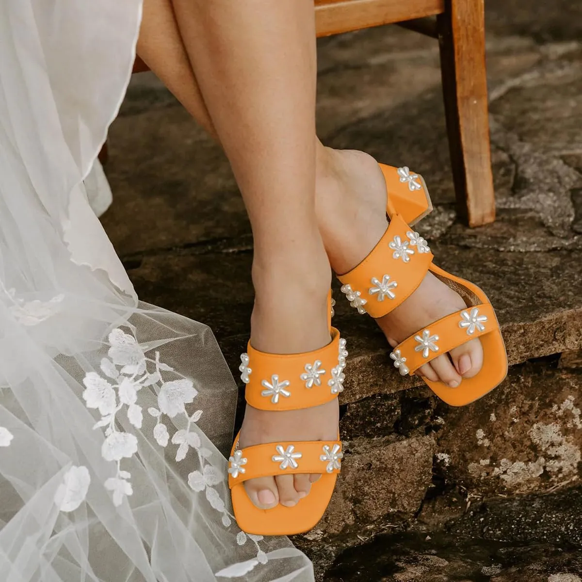 XYD Women Pearl Flower Block Sandals for Bride Wedding Open Toe Mid Heel Mules Double Strap Dress Shoes