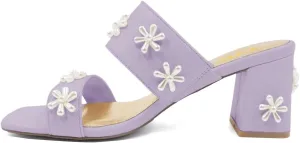 XYD Women Pearl Flower Block Sandals for Bride Wedding Open Toe Mid Heel Mules Double Strap Dress Shoes