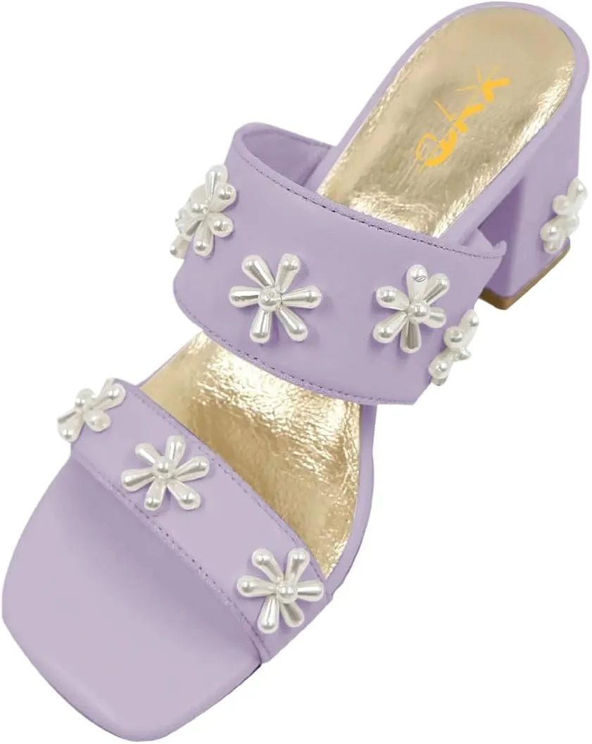 XYD Women Pearl Flower Block Sandals for Bride Wedding Open Toe Mid Heel Mules Double Strap Dress Shoes
