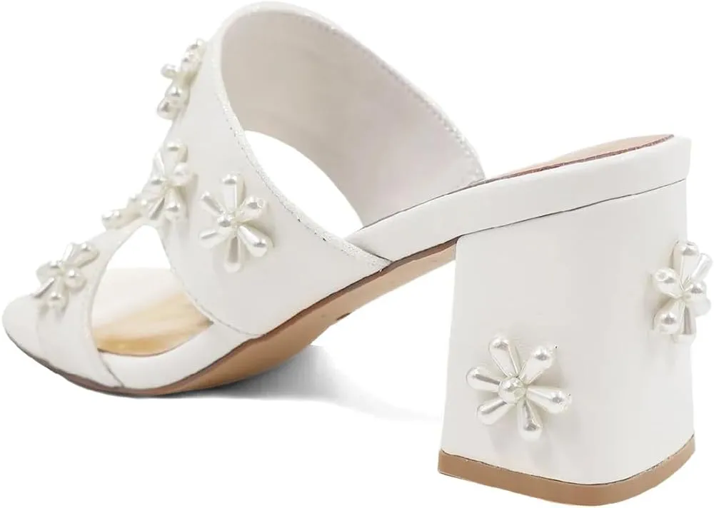 XYD Women Pearl Flower Block Sandals for Bride Wedding Open Toe Mid Heel Mules Double Strap Dress Shoes
