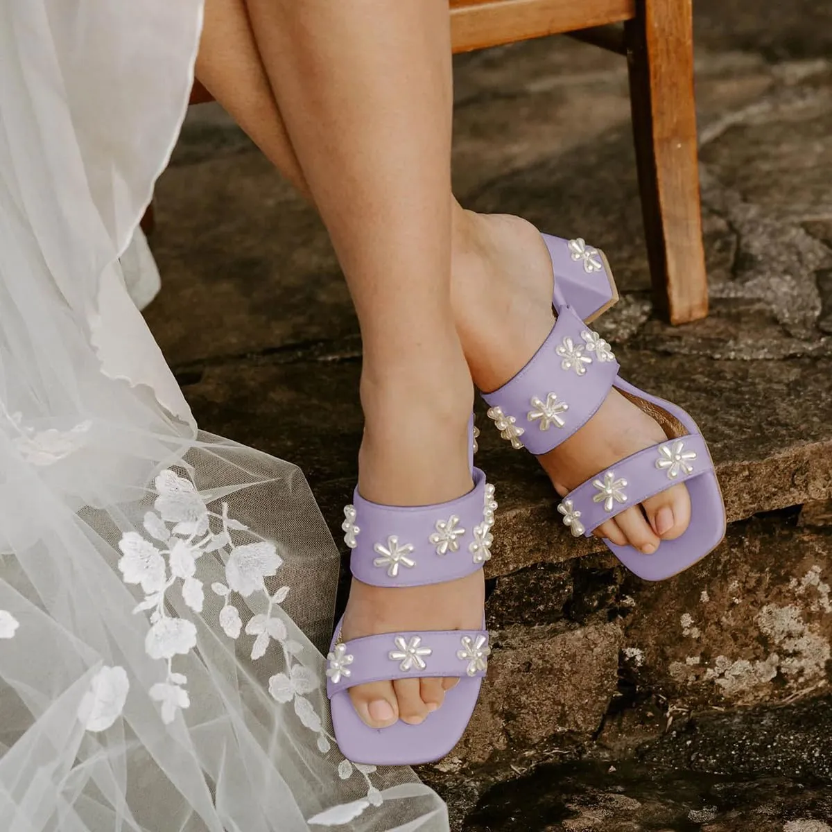 XYD Women Pearl Flower Block Sandals for Bride Wedding Open Toe Mid Heel Mules Double Strap Dress Shoes