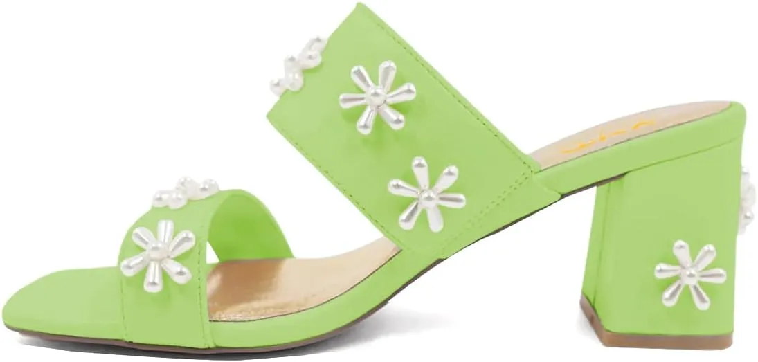 XYD Women Pearl Flower Block Sandals for Bride Wedding Open Toe Mid Heel Mules Double Strap Dress Shoes