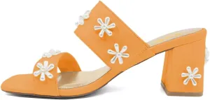 XYD Women Pearl Flower Block Sandals for Bride Wedding Open Toe Mid Heel Mules Double Strap Dress Shoes