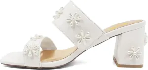 XYD Women Pearl Flower Block Sandals for Bride Wedding Open Toe Mid Heel Mules Double Strap Dress Shoes