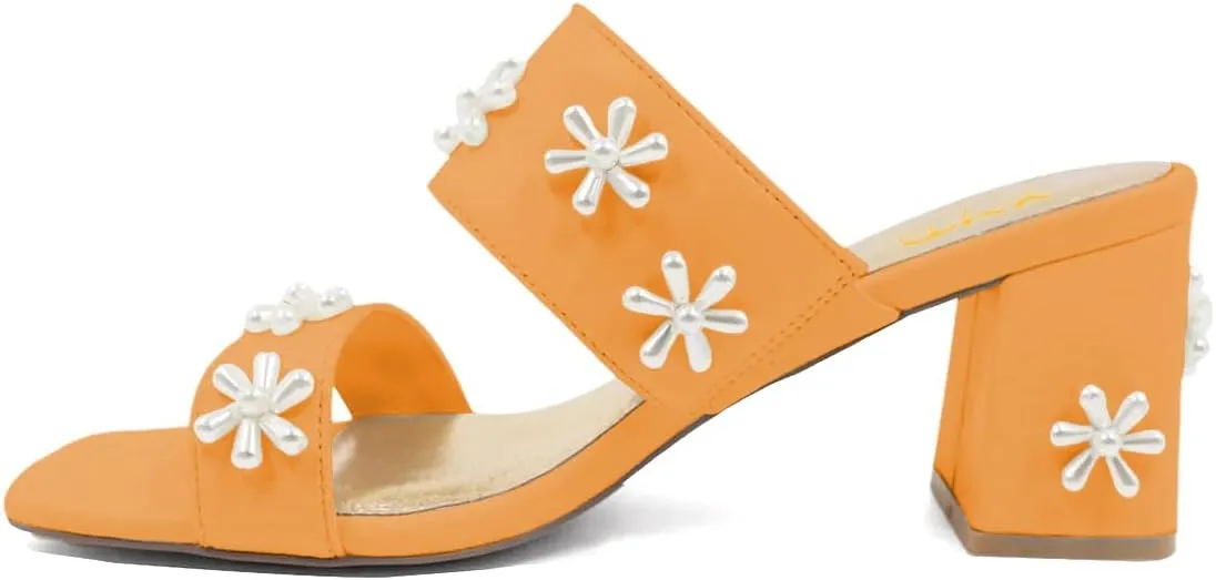 XYD Women Pearl Flower Block Sandals for Bride Wedding Open Toe Mid Heel Mules Double Strap Dress Shoes