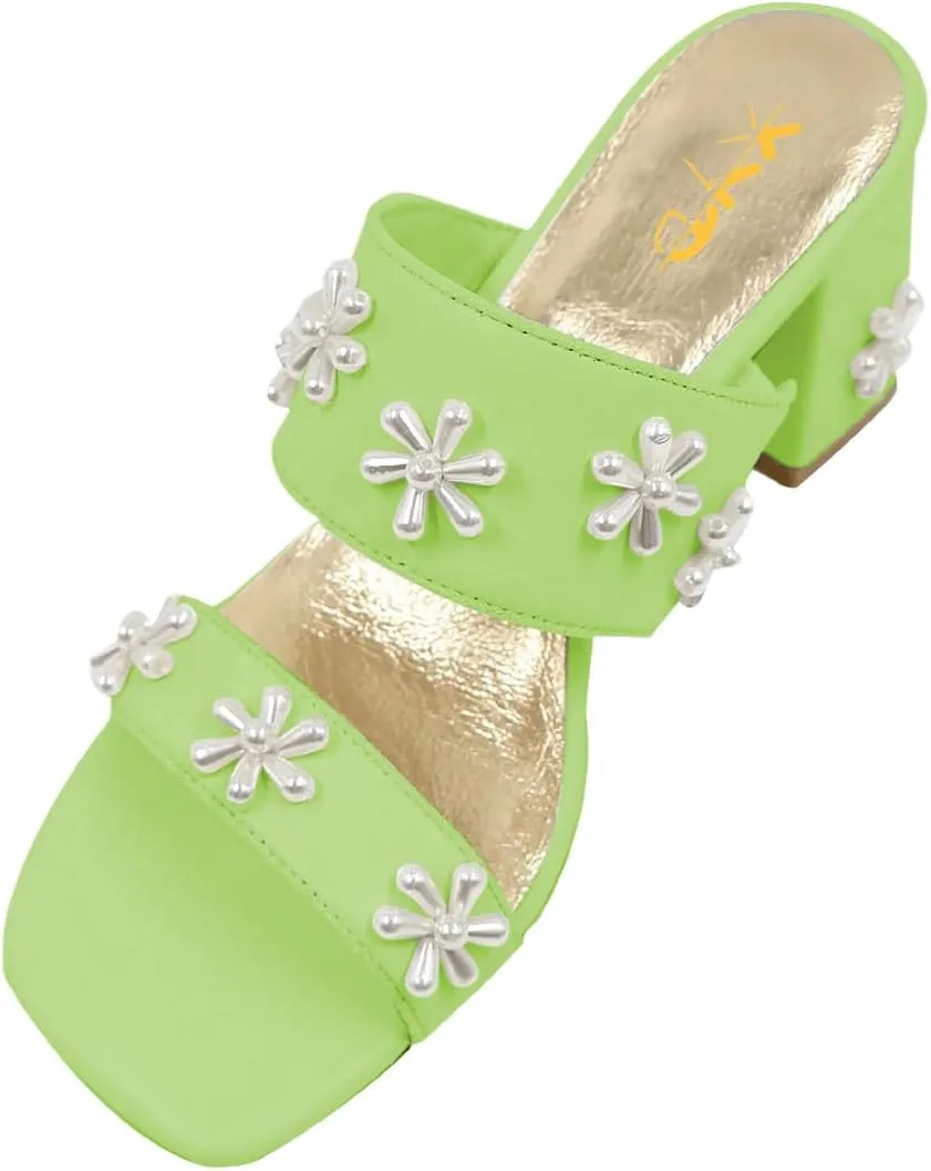 XYD Women Pearl Flower Block Sandals for Bride Wedding Open Toe Mid Heel Mules Double Strap Dress Shoes