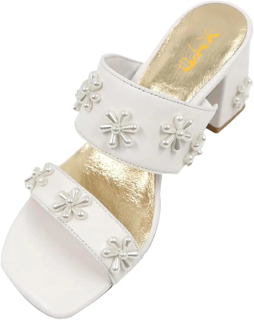 XYD Women Pearl Flower Block Sandals for Bride Wedding Open Toe Mid Heel Mules Double Strap Dress Shoes