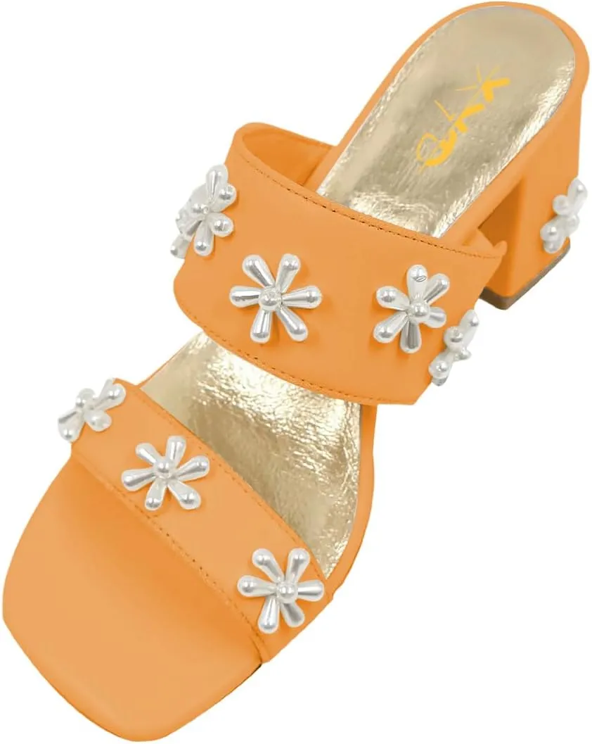 XYD Women Pearl Flower Block Sandals for Bride Wedding Open Toe Mid Heel Mules Double Strap Dress Shoes