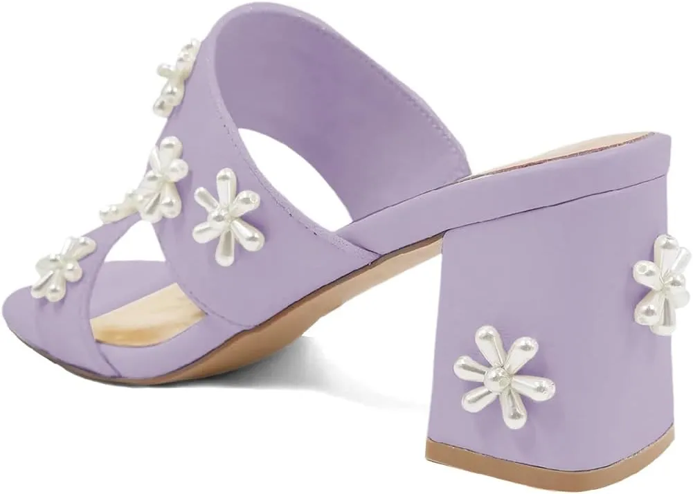 XYD Women Pearl Flower Block Sandals for Bride Wedding Open Toe Mid Heel Mules Double Strap Dress Shoes
