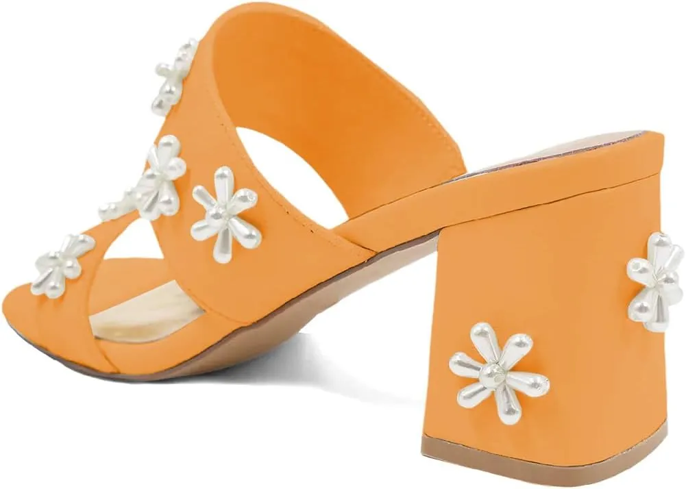 XYD Women Pearl Flower Block Sandals for Bride Wedding Open Toe Mid Heel Mules Double Strap Dress Shoes