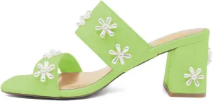 XYD Women Pearl Flower Block Sandals for Bride Wedding Open Toe Mid Heel Mules Double Strap Dress Shoes