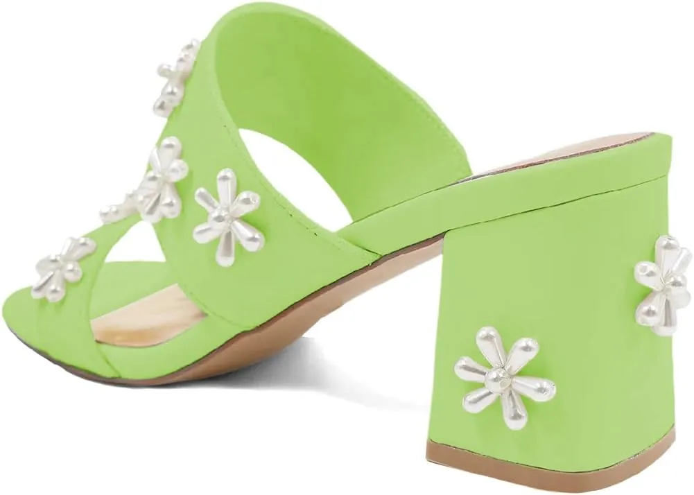 XYD Women Pearl Flower Block Sandals for Bride Wedding Open Toe Mid Heel Mules Double Strap Dress Shoes