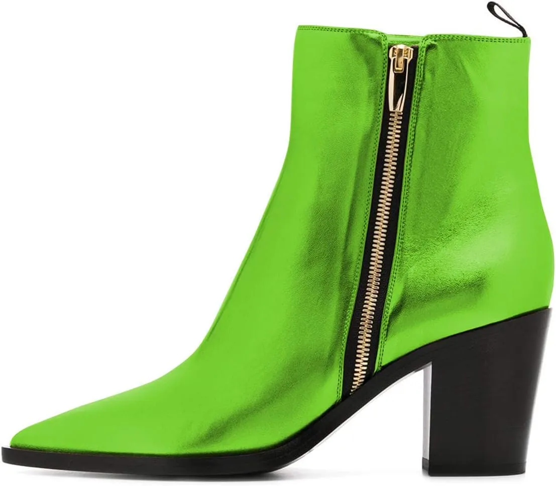 XYD Women Pointed Toe Glossy Ankle Boots Stacked Chunky Heels Pumps Booties with Side Zipper Fall Winter Dress Casual Shoes