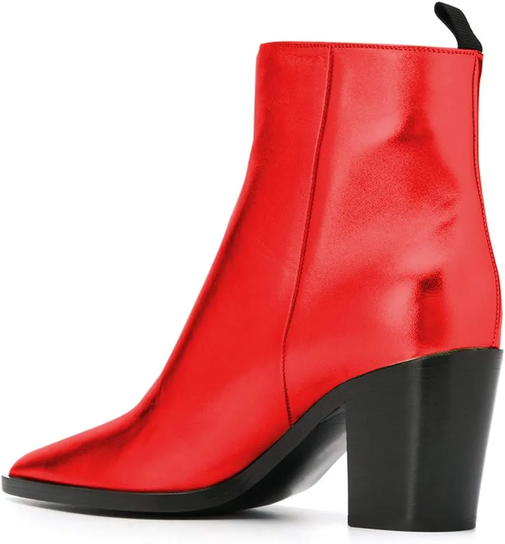 XYD Women Pointed Toe Glossy Ankle Boots Stacked Chunky Heels Pumps Booties with Side Zipper Fall Winter Dress Casual Shoes
