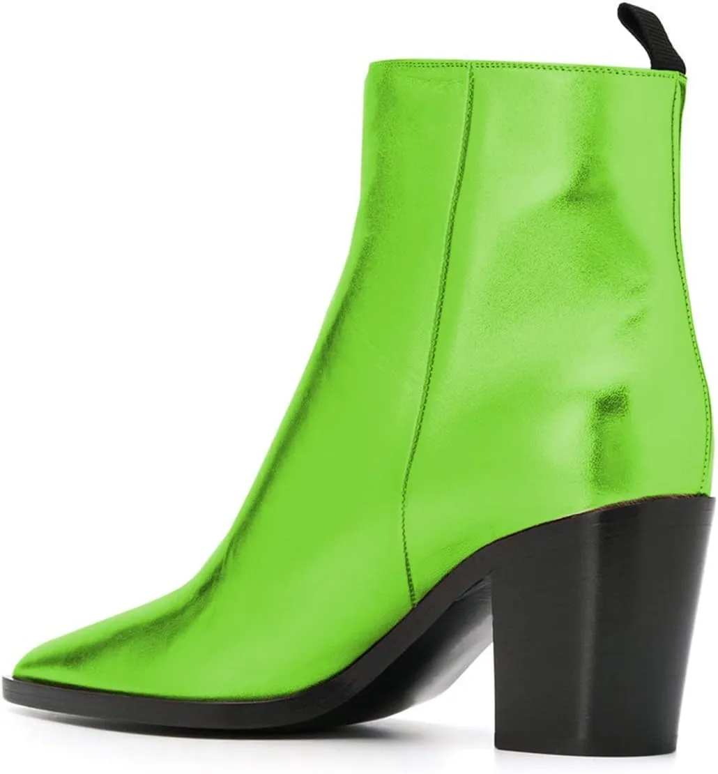 XYD Women Pointed Toe Glossy Ankle Boots Stacked Chunky Heels Pumps Booties with Side Zipper Fall Winter Dress Casual Shoes