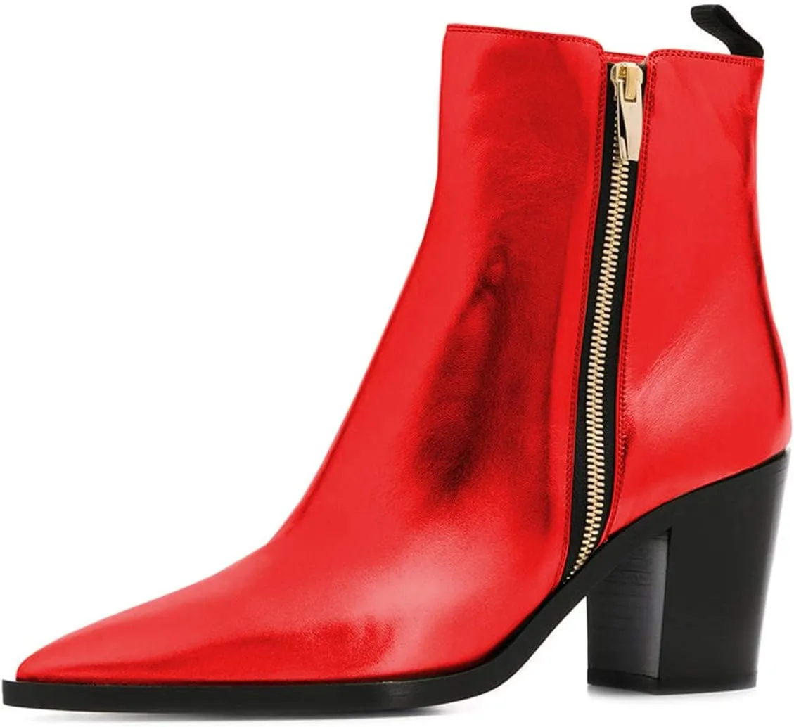 XYD Women Pointed Toe Glossy Ankle Boots Stacked Chunky Heels Pumps Booties with Side Zipper Fall Winter Dress Casual Shoes