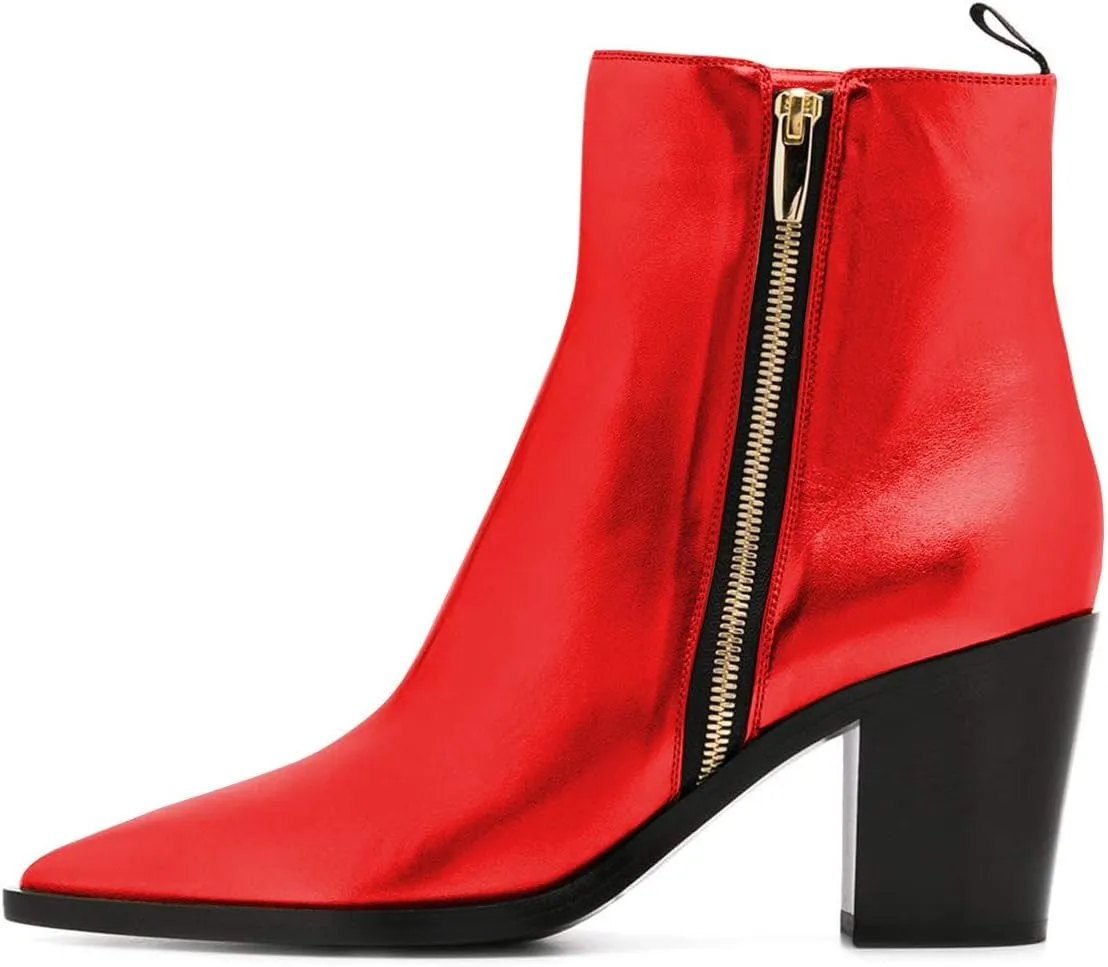 XYD Women Pointed Toe Glossy Ankle Boots Stacked Chunky Heels Pumps Booties with Side Zipper Fall Winter Dress Casual Shoes