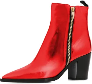 XYD Women Pointed Toe Glossy Ankle Boots Stacked Chunky Heels Pumps Booties with Side Zipper Fall Winter Dress Casual Shoes