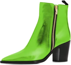 XYD Women Pointed Toe Glossy Ankle Boots Stacked Chunky Heels Pumps Booties with Side Zipper Fall Winter Dress Casual Shoes