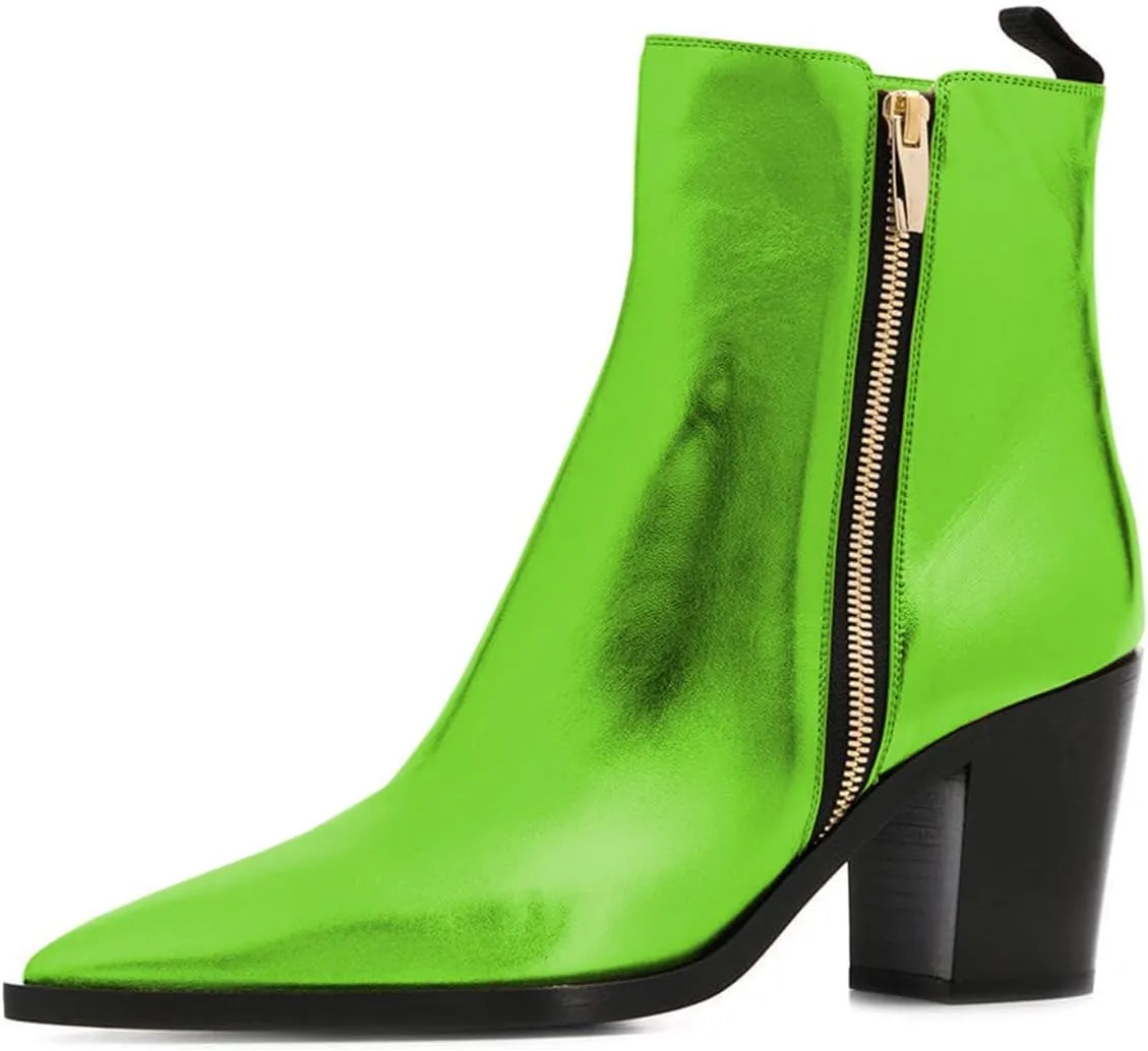 XYD Women Pointed Toe Glossy Ankle Boots Stacked Chunky Heels Pumps Booties with Side Zipper Fall Winter Dress Casual Shoes