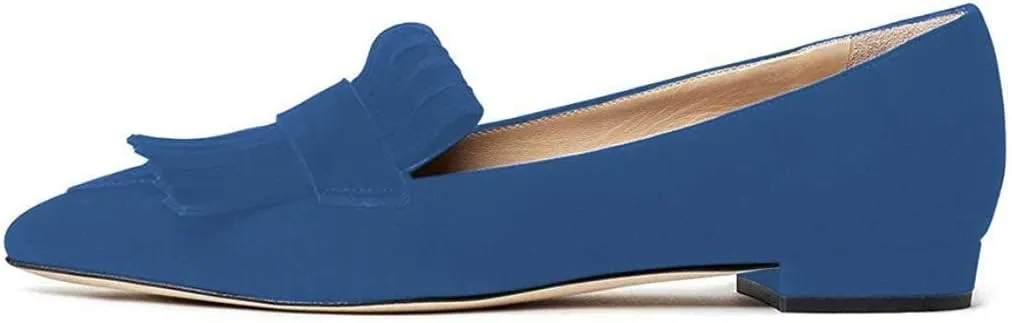 XYD Women Vintage Fringe Dress Flats Pointy Closed Toe Slip Ons Driver Loafers Chunky Low Heel Casual Shoes