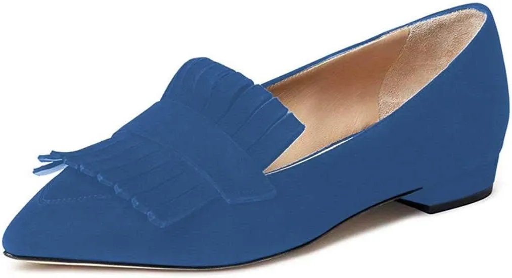 XYD Women Vintage Fringe Dress Flats Pointy Closed Toe Slip Ons Driver Loafers Chunky Low Heel Casual Shoes