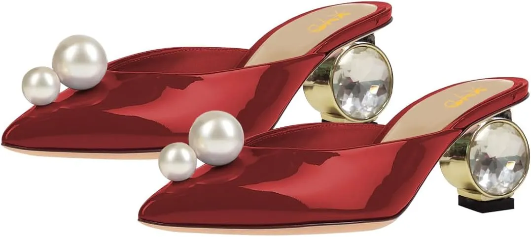 XYD Women's Pointed Toe Mules with Pearls Slip On Crystal Low Heels Slides Sandals Glossy Wedding Party Shoes