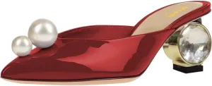 XYD Women's Pointed Toe Mules with Pearls Slip On Crystal Low Heels Slides Sandals Glossy Wedding Party Shoes