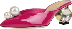 XYD Women's Pointed Toe Mules with Pearls Slip On Crystal Low Heels Slides Sandals Glossy Wedding Party Shoes