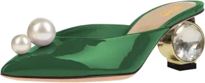 XYD Women's Pointed Toe Mules with Pearls Slip On Crystal Low Heels Slides Sandals Glossy Wedding Party Shoes