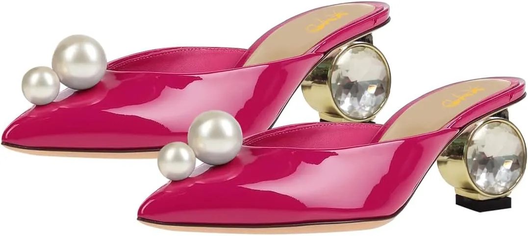 XYD Women's Pointed Toe Mules with Pearls Slip On Crystal Low Heels Slides Sandals Glossy Wedding Party Shoes