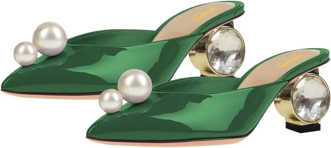 XYD Women's Pointed Toe Mules with Pearls Slip On Crystal Low Heels Slides Sandals Glossy Wedding Party Shoes