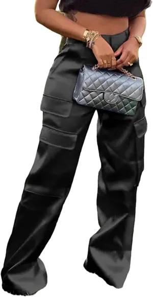 XZLUFNY Satin Cargo Pants for Women High Waist Multiple Pockets Wide Leg Trouser