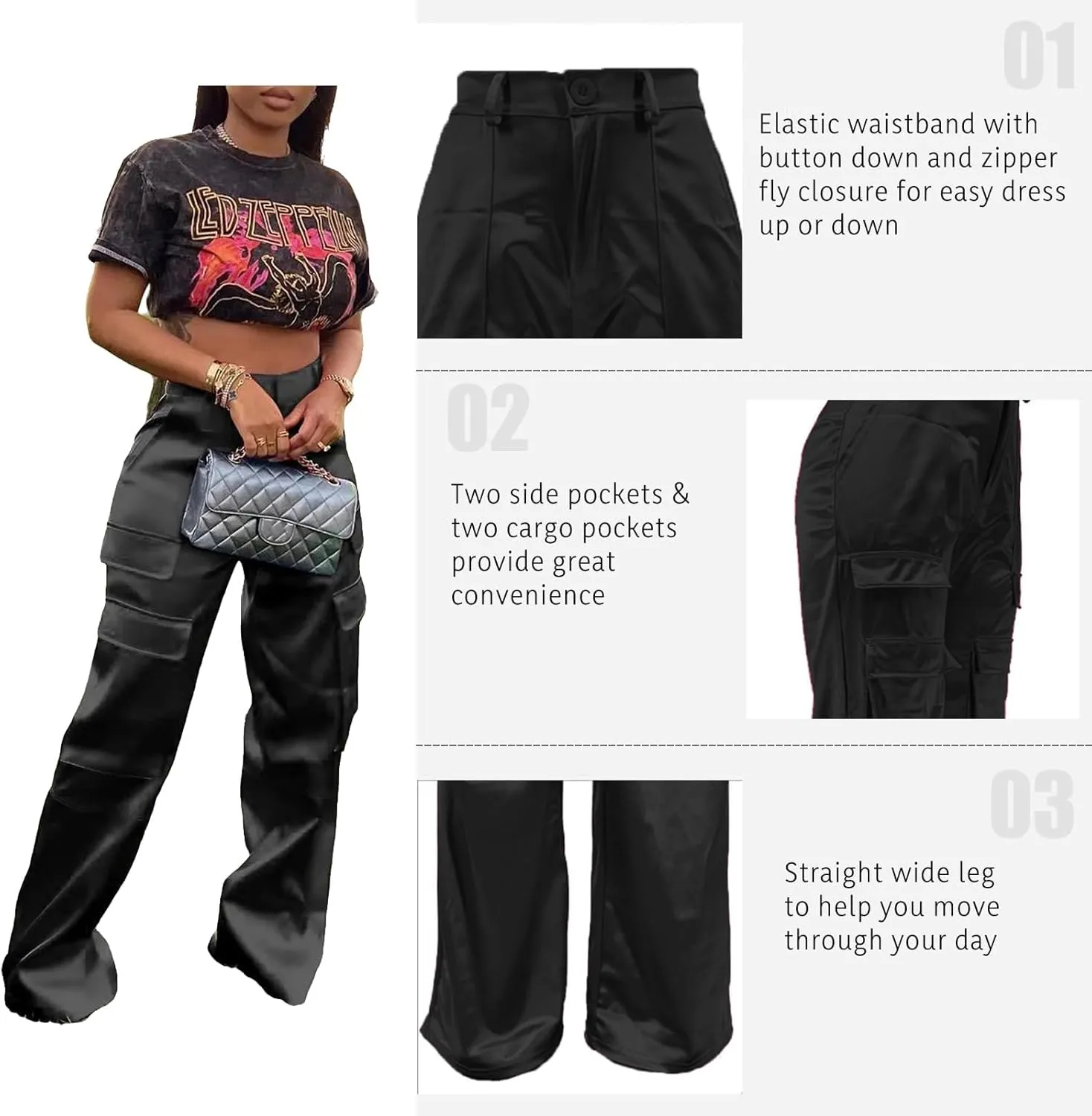 XZLUFNY Satin Cargo Pants for Women High Waist Multiple Pockets Wide Leg Trouser