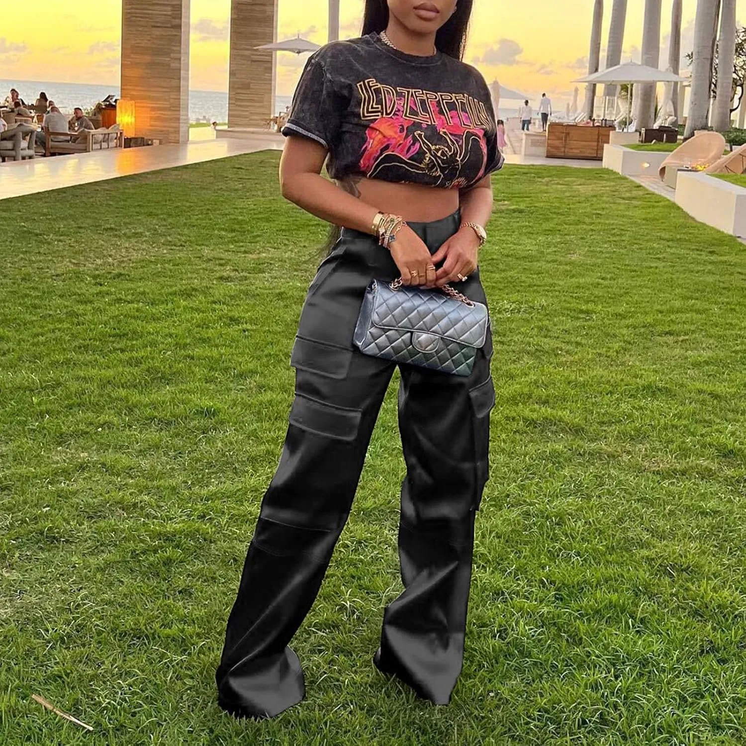 XZLUFNY Satin Cargo Pants for Women High Waist Multiple Pockets Wide Leg Trouser