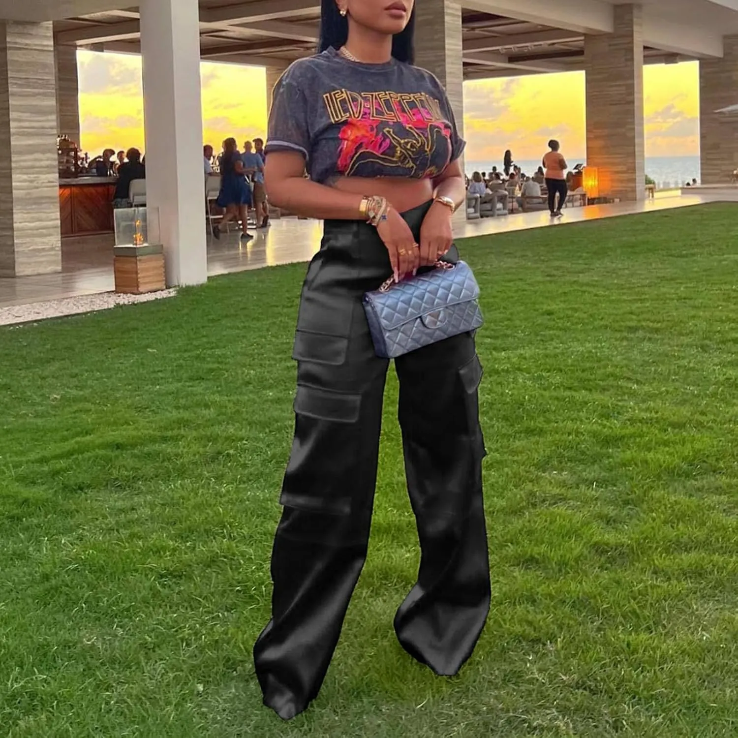 XZLUFNY Satin Cargo Pants for Women High Waist Multiple Pockets Wide Leg Trouser