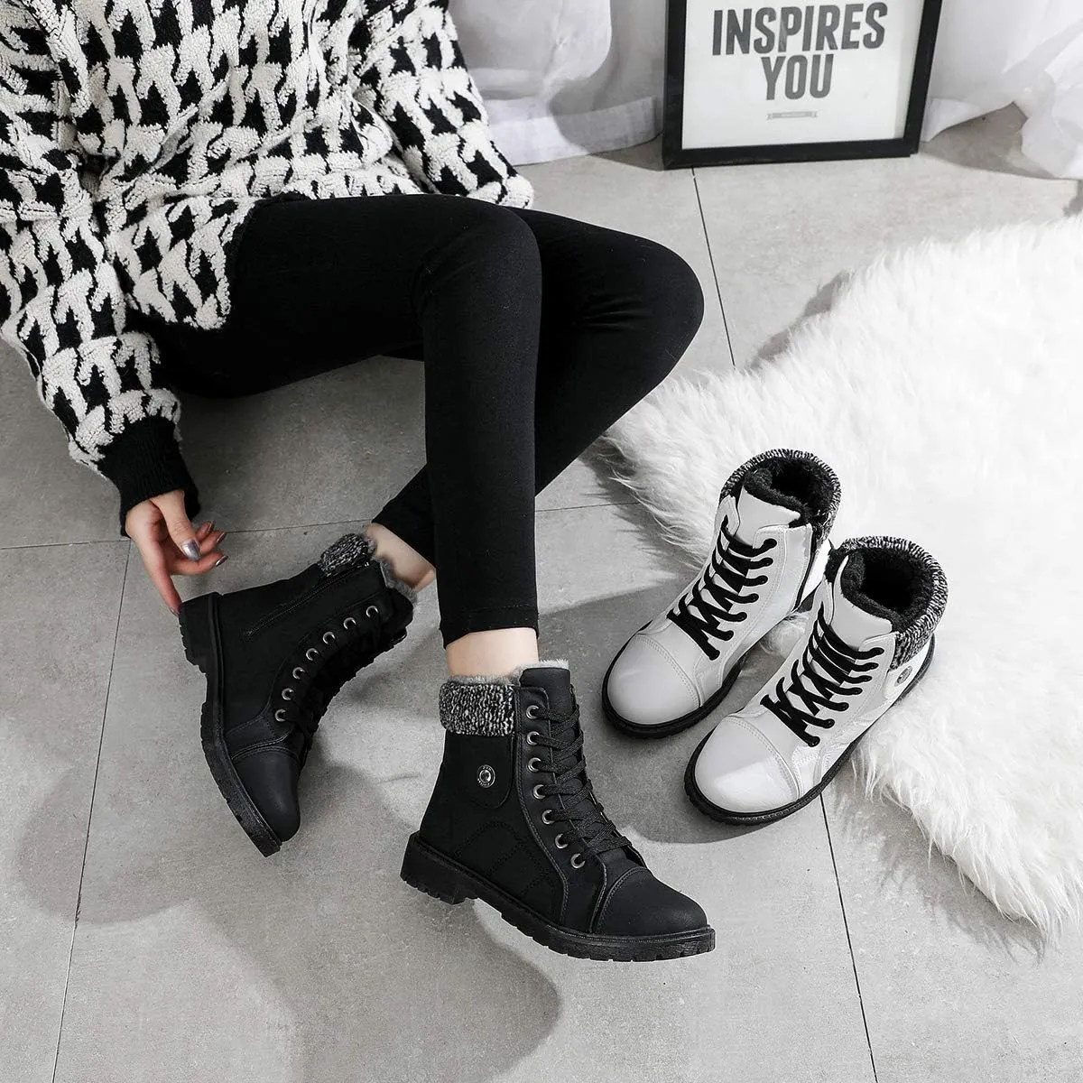 yageyan Womens Winter Snow Boots Warm Fur Lined Winter Water-resistan Ankle Booties Zipper Anti-Slip Combat Boots
