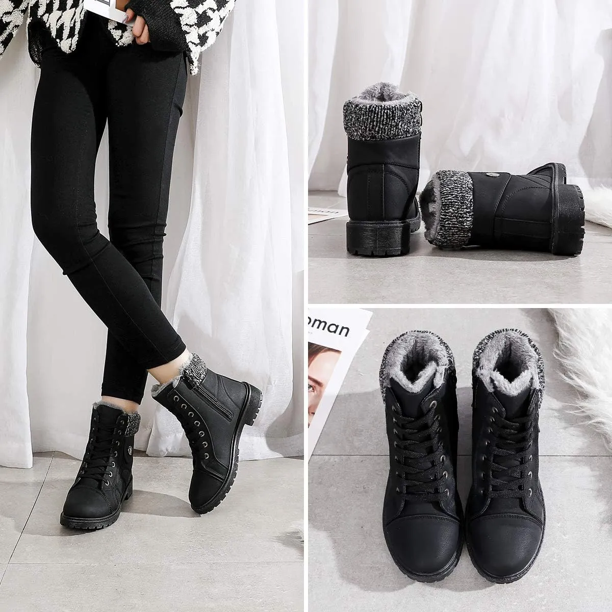 yageyan Womens Winter Snow Boots Warm Fur Lined Winter Water-resistan Ankle Booties Zipper Anti-Slip Combat Boots