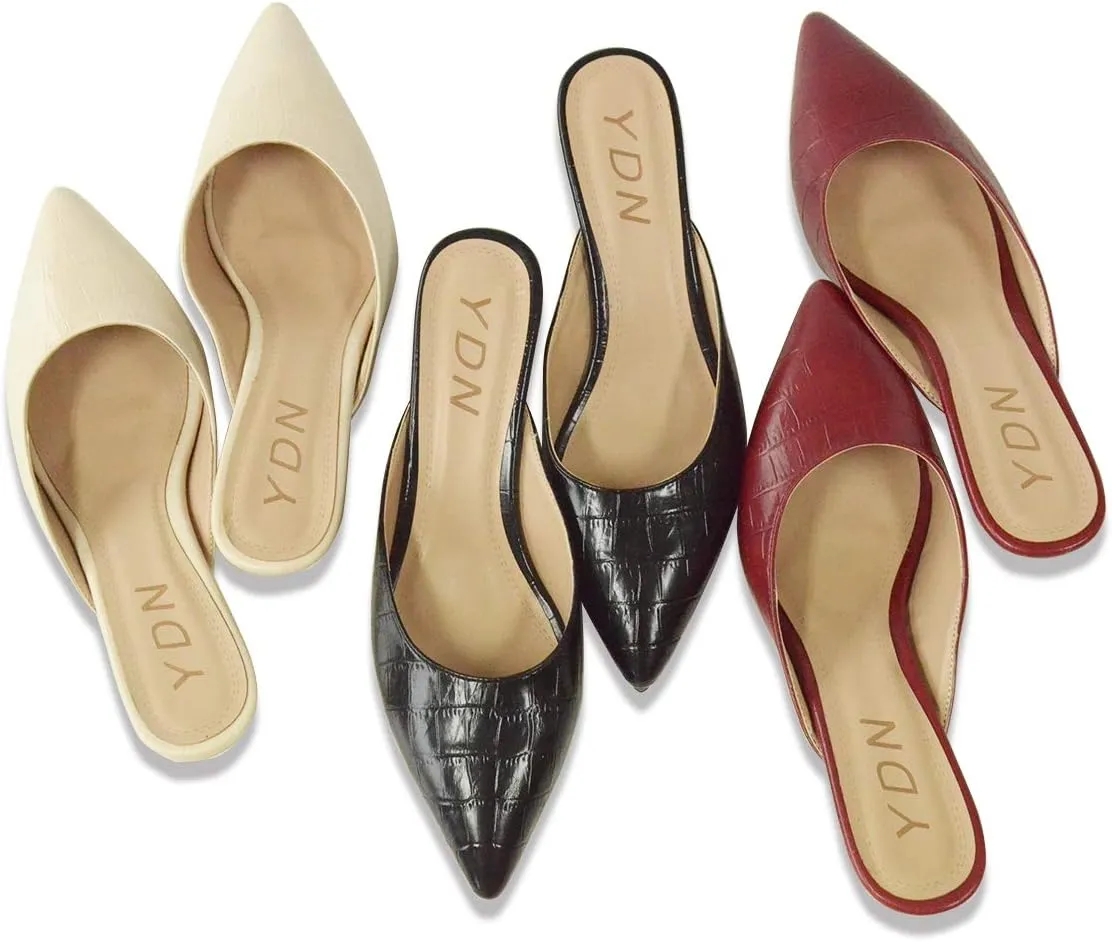 YDN Women Classic Pointed Toe Low Mid Heel Loafers Slip on Mules Slide Sandals Kitten Shoes Size 4-15 US