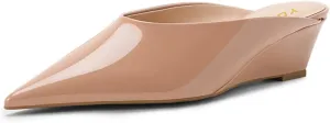 YDN Women Glossy Mules Slip On Slippers Wedge Mid Heels Closed Pointed Toe Dress Shoes Indoor Shopping Size 4-16 US