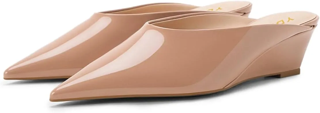 YDN Women Glossy Mules Slip On Slippers Wedge Mid Heels Closed Pointed Toe Dress Shoes Indoor Shopping Size 4-16 US