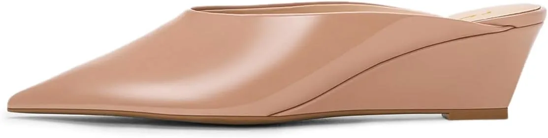 YDN Women Glossy Mules Slip On Slippers Wedge Mid Heels Closed Pointed Toe Dress Shoes Indoor Shopping Size 4-16 US
