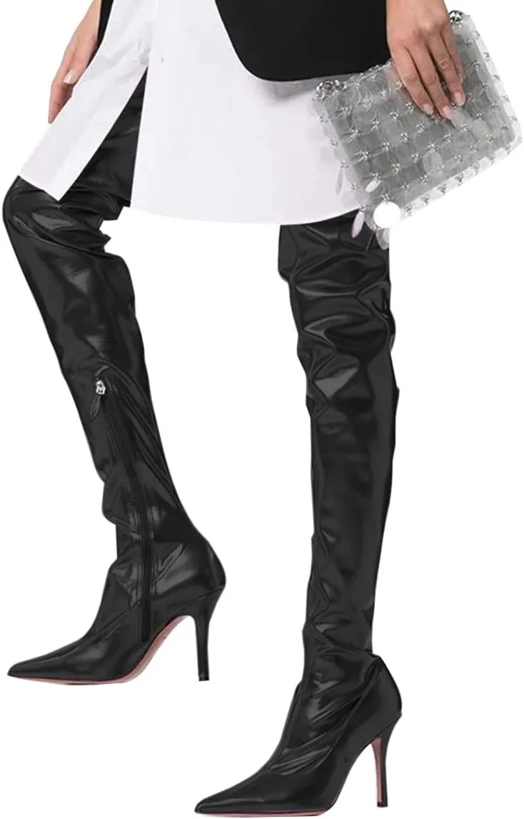 YDN Women Over The Knee Thigh High Stiletto Boots Pointed Stylish Closed Pointed Toe Stretchy Side Zipper Shoes