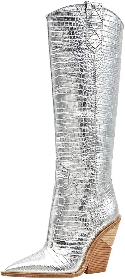 YIYA Women's Cowgirl Knee High Boots with Thick Wedge Heel Fashion Dress Boot for Women Western Cowboy Boot