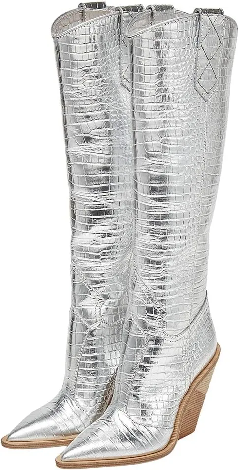 YIYA Women's Cowgirl Knee High Boots with Thick Wedge Heel Fashion Dress Boot for Women Western Cowboy Boot